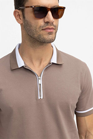 Erkek Slim Fit Dar Kesim %100 Pamuk Düz Pike Fermuarlı Kahverengi Polo Yaka Tişört