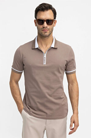 Erkek Slim Fit Dar Kesim %100 Pamuk Düz Pike Fermuarlı Kahverengi Polo Yaka Tişört