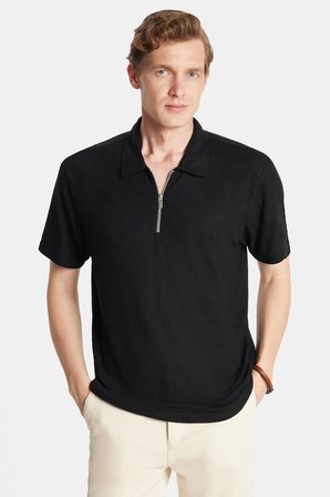Erkek Slim Fit Dar Kesim Viskon Fermuarlı Polo Yaka Siyah Tişört