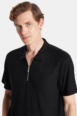 Erkek Slim Fit Dar Kesim Viskon Fermuarlı Polo Yaka Siyah Tişört