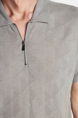 Erkek Slim Fit Dar Kesim Viskon Fermuarlı Polo Yaka Gri Tişört