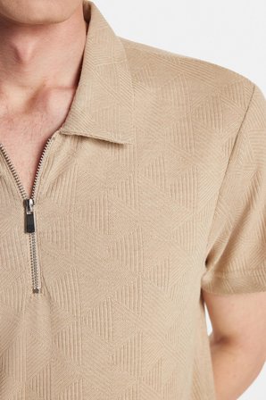 Erkek Slim Fit Dar Kesim Viskon Fermuarlı Polo Yaka Bej Tişört