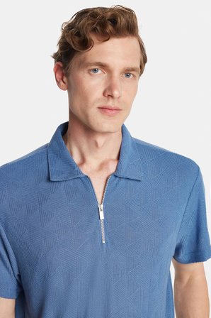 Erkek Slim Fit Dar Kesim Viskon Fermuarlı Polo Yaka Mavi Tişört