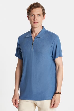 Erkek Slim Fit Dar Kesim Viskon Fermuarlı Polo Yaka Mavi Tişört