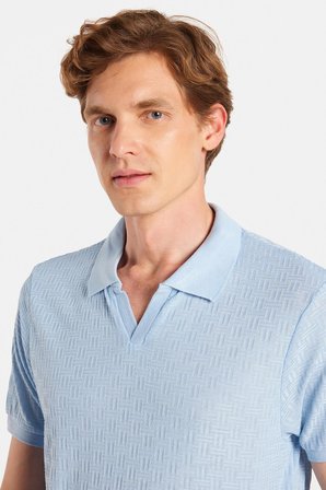 Erkek Slim Fit Dar Kesim Viskon Kumaş Desenli Düz Pike Düğmesiz Açık Mavi Polo Yaka Tişört