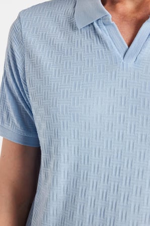 Erkek Slim Fit Dar Kesim Viskon Kumaş Desenli Düz Pike Düğmesiz Açık Mavi Polo Yaka Tişört