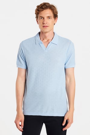 Erkek Slim Fit Dar Kesim Viskon Kumaş Desenli Düz Pike Düğmesiz Açık Mavi Polo Yaka Tişört