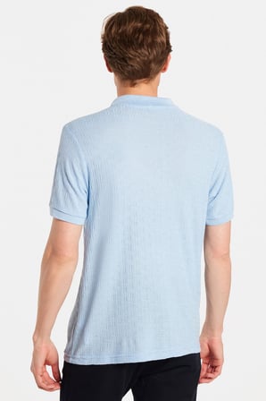 Erkek Slim Fit Dar Kesim Viskon Kumaş Desenli Düz Pike Düğmesiz Açık Mavi Polo Yaka Tişört
