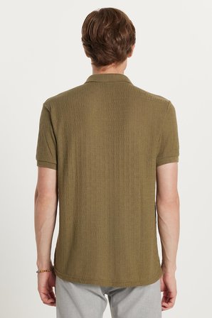Erkek Slim Fit Dar Kesim Viskon Kumaş Desenli Düz Pike Düğmesiz Haki Polo Yaka Tişört