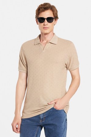 Erkek Slim Fit Dar Kesim Viskon Kumaş Desenli Düz Pike Düğmesiz Vizon Polo Yaka Tişört
