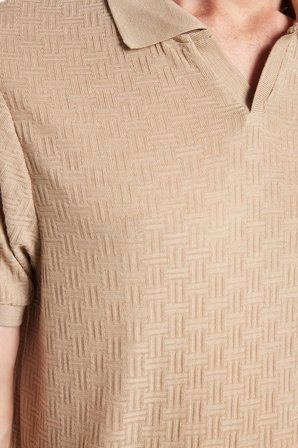Erkek Slim Fit Dar Kesim Viskon Kumaş Desenli Düz Pike Düğmesiz Vizon Polo Yaka Tişört