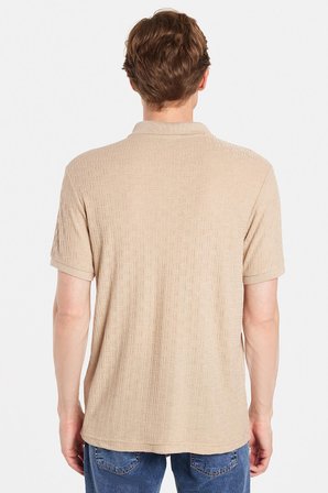 Erkek Slim Fit Dar Kesim Viskon Kumaş Desenli Düz Pike Düğmesiz Vizon Polo Yaka Tişört