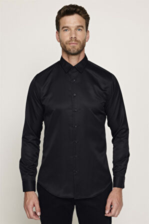 Slim Fit Uzun Kollu Kolay Ütü Teri Emen Nefes Alan Doku Kravatlık Dört Mevsim Siyah Erkek Gömlek
