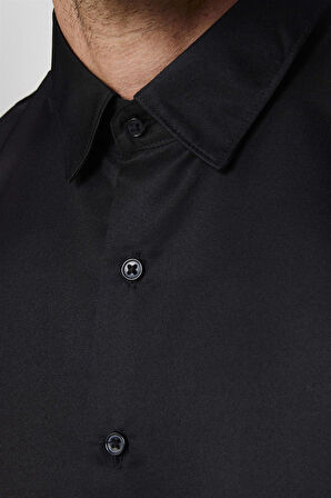 Slim Fit Uzun Kollu Kolay Ütü Teri Emen Nefes Alan Doku Kravatlık Dört Mevsim Siyah Erkek Gömlek