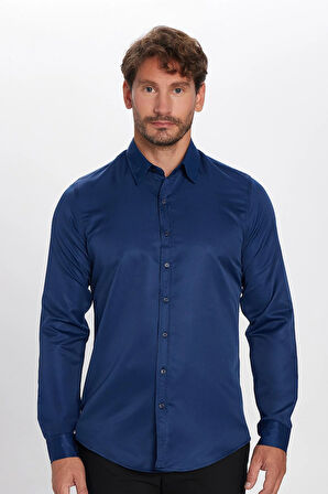 Slim Fit Uzun Kollu Kolay Ütü Teri Emen Nefes Alan Doku Kravatlık Dört Mevsim Lacivert Erkek Gömlek