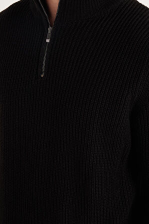 Erkek Slim Fit Dar Kesim Fermuarlı Siyah Dik Yaka Triko Kazak