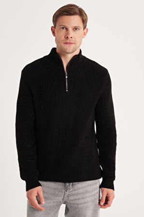 Erkek Slim Fit Dar Kesim Fermuarlı Siyah Dik Yaka Triko Kazak