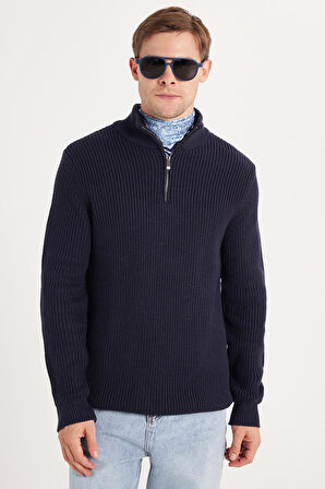 Erkek Slim Fit Dar Kesim Fermuarlı Lacivert Dik Yaka Triko Kazak