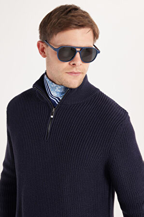 Erkek Slim Fit Dar Kesim Fermuarlı Lacivert Dik Yaka Triko Kazak