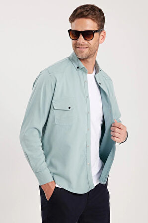 Erkek Regular Fit Rahat Kesim Çift Cepli Spor Yaka Denim Mint Gömlek