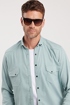 Erkek Regular Fit Rahat Kesim Çift Cepli Spor Yaka Denim Mint Gömlek