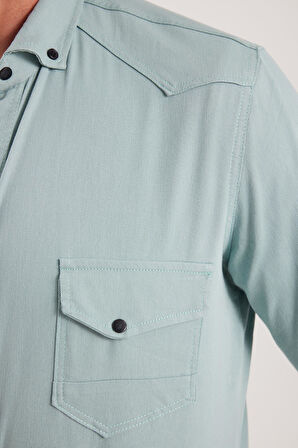 Erkek Regular Fit Rahat Kesim Çift Cepli Spor Yaka Denim Mint Gömlek