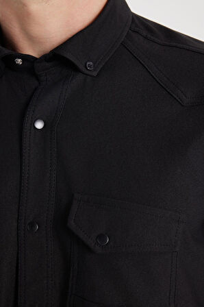 Erkek Regular Fit Rahat Kesim Çift Cepli Spor Yaka Denim Siyah Gömlek