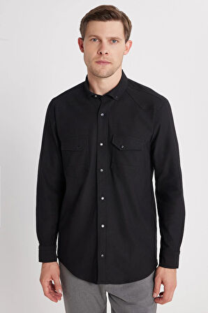 Erkek Regular Fit Rahat Kesim Çift Cepli Spor Yaka Denim Siyah Gömlek