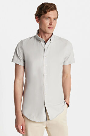 Erkek Slim Fit Dar Kesim Kısa Kollu Spor Yaka Oxford Doku Pamuklu Gri Gömlek
