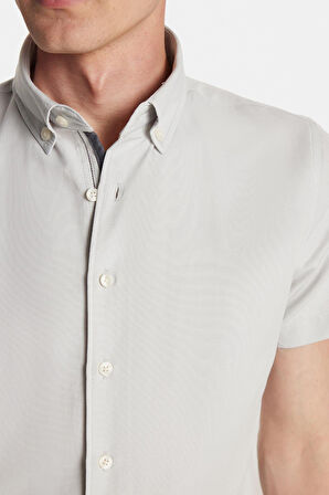 Erkek Slim Fit Dar Kesim Kısa Kollu Spor Yaka Oxford Doku Pamuklu Gri Gömlek