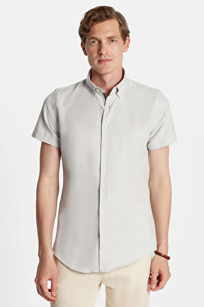 Erkek Slim Fit Dar Kesim Kısa Kollu Spor Yaka Oxford Doku Pamuklu Gri Gömlek