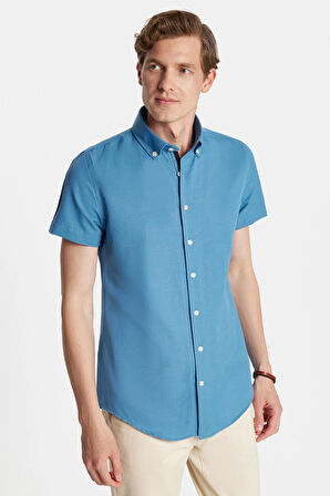 Erkek Slim Fit Dar Kesim Kısa Kollu Spor Yaka Oxford Doku Pamuklu İndigo Gömlek