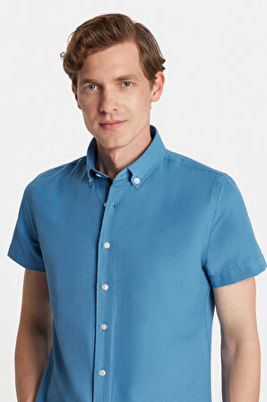 Erkek Slim Fit Dar Kesim Kısa Kollu Spor Yaka Oxford Doku Pamuklu İndigo Gömlek