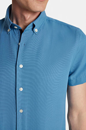 Erkek Slim Fit Dar Kesim Kısa Kollu Spor Yaka Oxford Doku Pamuklu İndigo Gömlek
