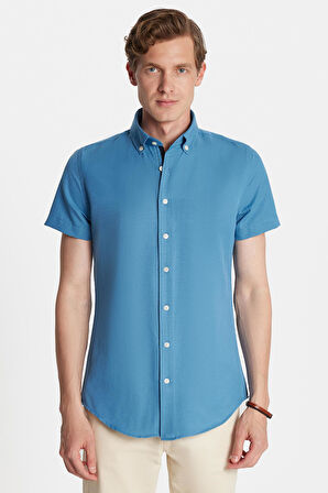 Erkek Slim Fit Dar Kesim Kısa Kollu Spor Yaka Oxford Doku Pamuklu İndigo Gömlek