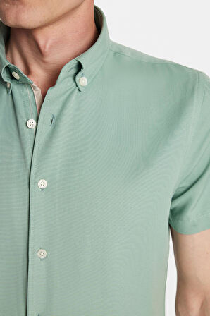Erkek Slim Fit Dar Kesim Kısa Kollu Spor Yaka Oxford Doku Pamuklu Yeşil Gömlek