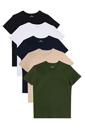 Unisex 5'li Pkt Siyah-Beyaz-Lacivert-Vanilya-Haki Slim Fit Dar Kesim %100 Pamuk Bisiklet Yaka Tişört