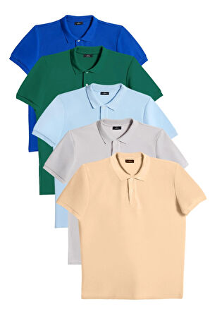 Erkek 5li Paket Saks Mavi-Zümrüt Yeşili-Mavi-Gri-Kum Beji Slim Fit Pamuklu Düz Pike Polo Yaka Tişört
