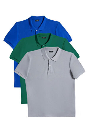 Erkek 3'lü Paket Saks Mavi-Zümrüt Yeşili-Gri Slim Fit Dar Kesim Pamuklu Düz Pike Polo Yaka Tişört