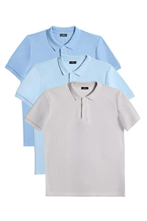 Erkek 3'lü Paket Koyu Mavi-Mavi-Gri Slim Fit Dar Kesim Pamuklu Düz Pike Polo Yaka Tişört