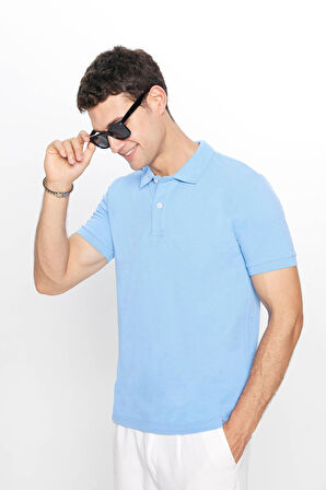 Erkek 3'lü Paket Koyu Mavi-Mavi-Gri Slim Fit Dar Kesim Pamuklu Düz Pike Polo Yaka Tişört