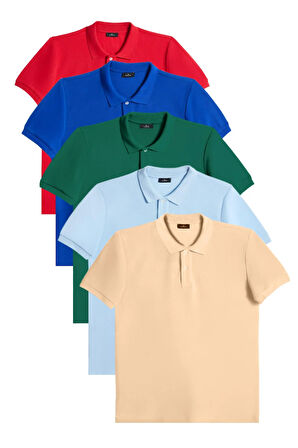 Erkek 5'li Pkt Kırmızı-Saks Mavi-Zümrüt Yeşili-Mavi-Bej Slim Fit Pamuklu Düz Pike Polo Yaka Tişört