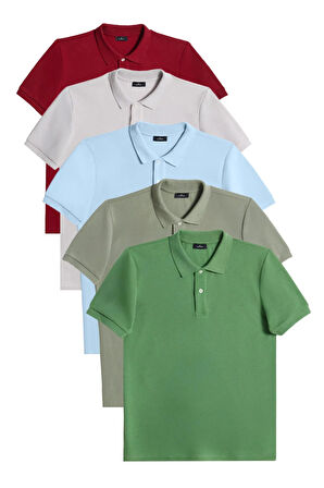 Erkek 5'li Paket Bordo-Gri-Mavi-Haki-Çimen Yeşili Slim Fit Pamuklu Düz Pike Polo Yaka Tişört