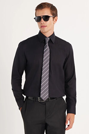 Erkek Regular Fit Beyaz Non-Iron %100 Pamuk Doğa Dostu Ekoteks Belgeli Ütü Gerektirmez Siyah Gömlek