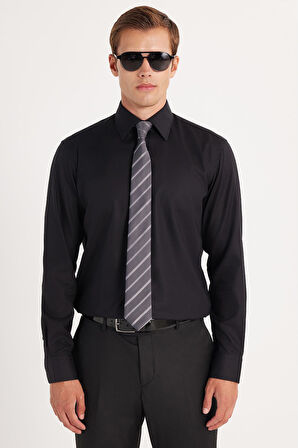 Erkek Regular Fit Beyaz Non-Iron %100 Pamuk Doğa Dostu Ekoteks Belgeli Ütü Gerektirmez Siyah Gömlek