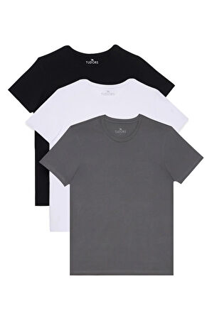 Unisex 3'lü Paket Siyah-Beyaz-K. Gri Slim Fit Dar Kesim %100 Pamuk Bisiklet Yaka Tişört