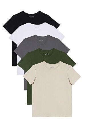 Unisex 5'li Paket Siyah-Beyaz-K. Gri-Haki-Taş Slim Fit Dar Kesim %100 Pamuk Bisiklet Yaka Tişört