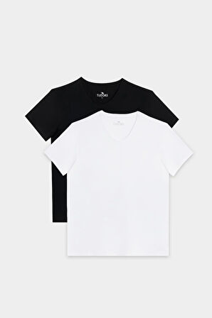 Unisex 2'li Paket Siyah-Beyaz Slim Fit Dar Kesim %100 Pamuk V Yaka Tişört