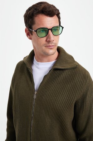 Erkek Slim Fit Dik Yaka Fermuarlı Haki Düz Hırka