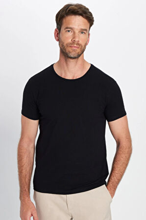 Erkek Slim Fit Dar Kesim Pamuklu Yumuşak Doku Likralı Esnek Kumaş Basic Siyah Bisiklet Yaka Tişört